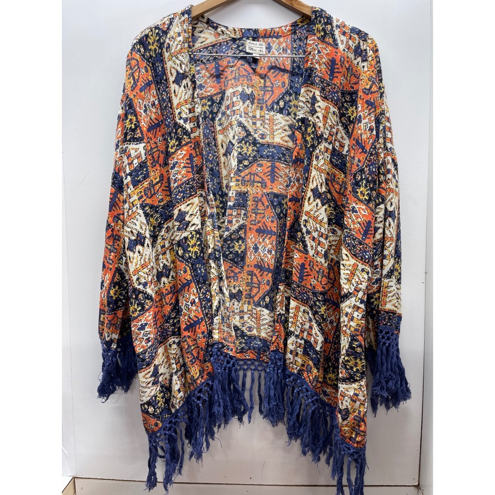 RVCA Nature‎ X Industry Womens M/L Boho Fringe Open Front Kimono Cardigan Print